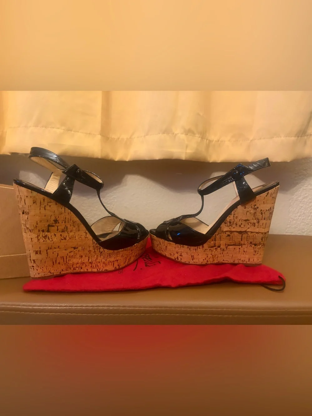 Christian Louboutin Black Patent Cork Platform T-Strap Women’s Wedge Sandals